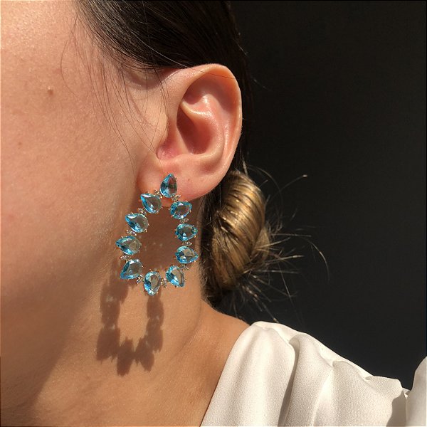 Brinco Gota Vazada Azul Banhado a Ouro