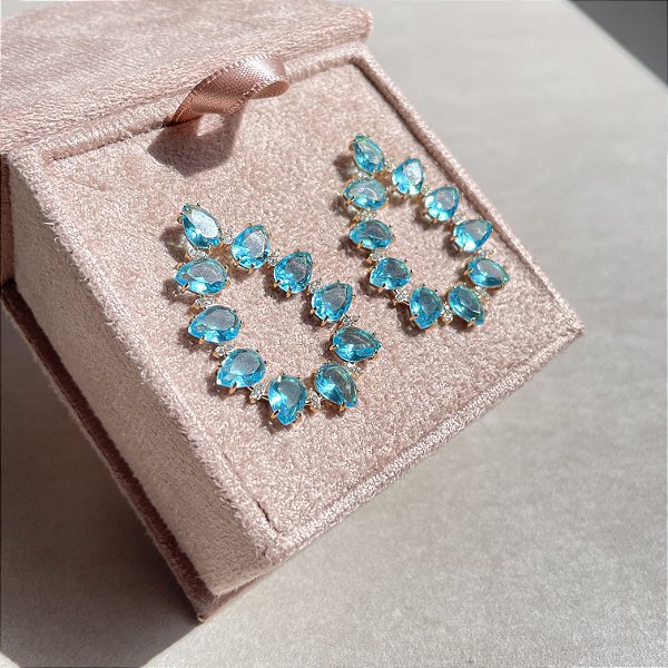 Brinco Gota Vazada Azul Banhado a Ouro