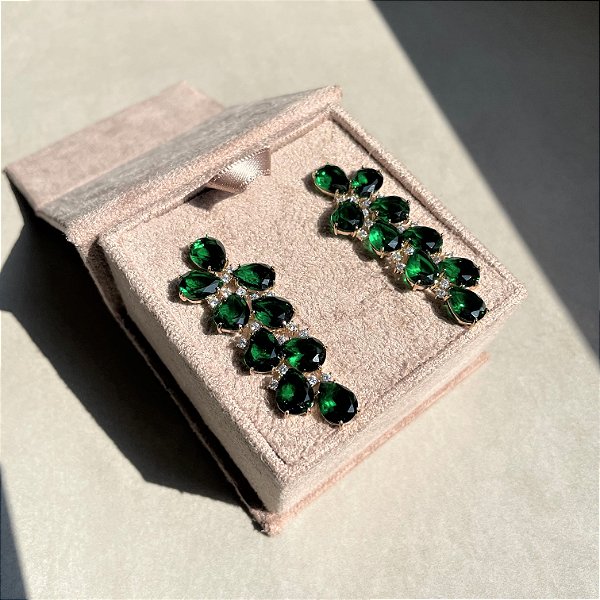 Brinco Cascata Gotas Esmeralda Banhado a Ouro