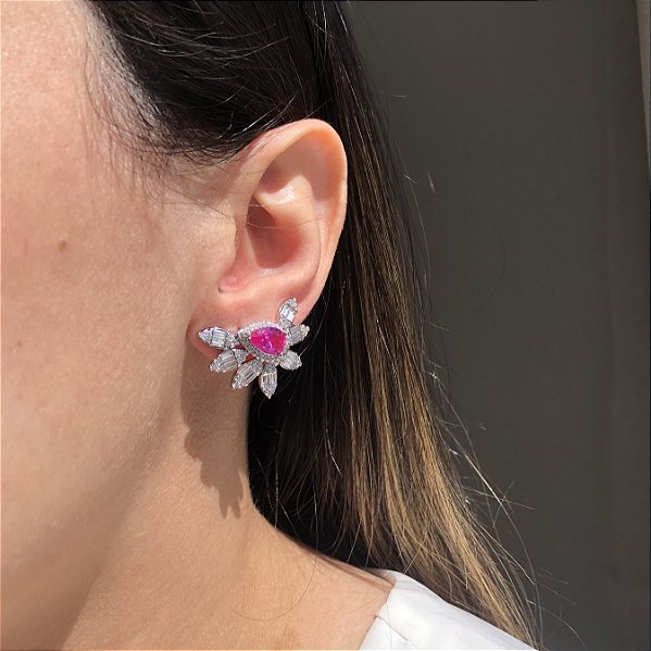 Brinco Ear Cuff Baguetes Safira Rosa Banhado a Ródio Branco