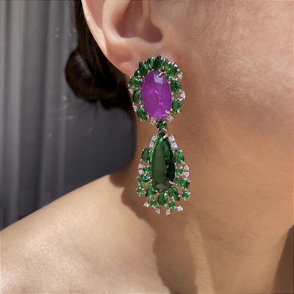Brinco Luxo Bicolor Esmeralda e Ultraviolet Fusion Banhado a Ródio Branco
