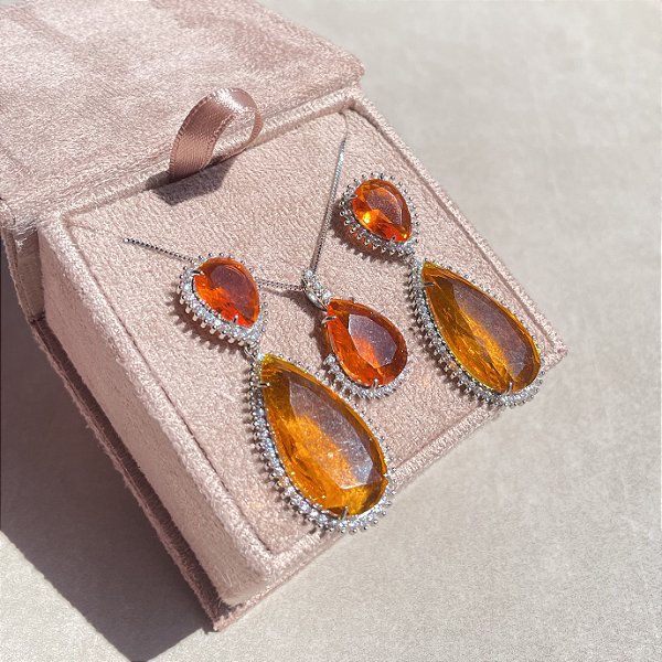Conjunto Luxo Gota Laranja Banhado a Ródio Branco