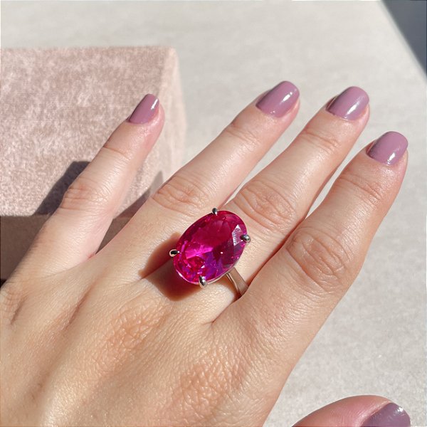 Anel Oval Safira Rosa Banhado a Ródio Branco - Aro Regulável