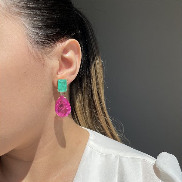 Brinco Retângulo/Gota Bicolor Turmalina e Pink Fusion Banhado a Ouro