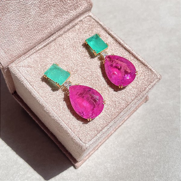 Brinco Retângulo/Gota Bicolor Turmalina e Pink Fusion Banhado a Ouro