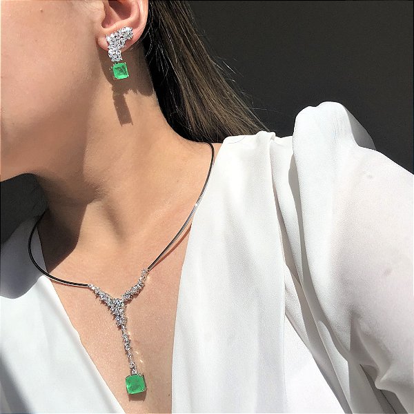 Conjunto Luxo Gravata e Ear Cuff Square Verde Limão Fusion Banhado a Ródio Branco