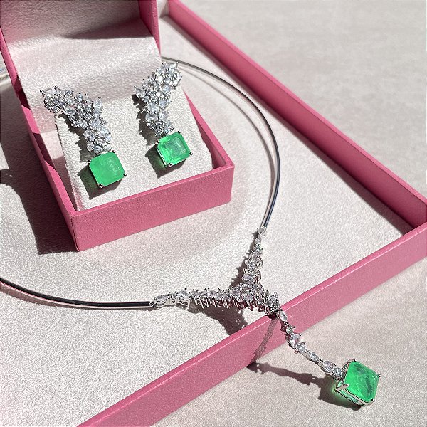Conjunto Luxo Gravata e Ear Cuff Square Verde Limão Fusion Banhado a Ródio Branco