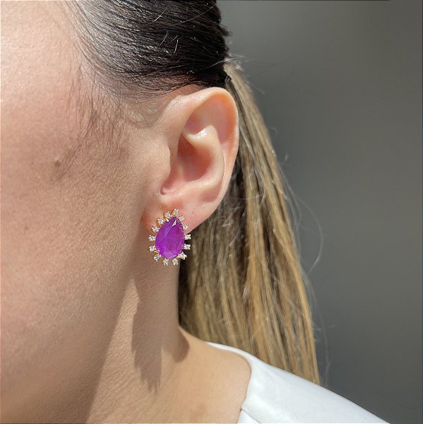 Brinco Gota Cravejada Ultraviolet Fusion Banhado a Ouro