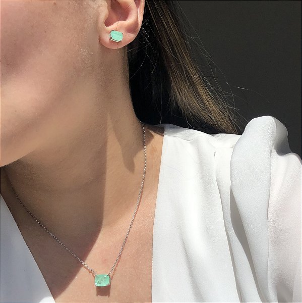 Conjunto Oval Greenery Fusion Banhado a Ródio Branco