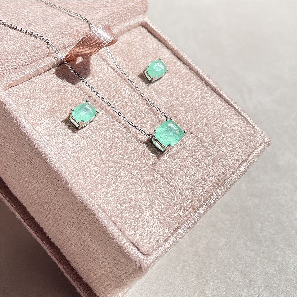 Conjunto Oval Greenery Fusion Banhado a Ródio Branco