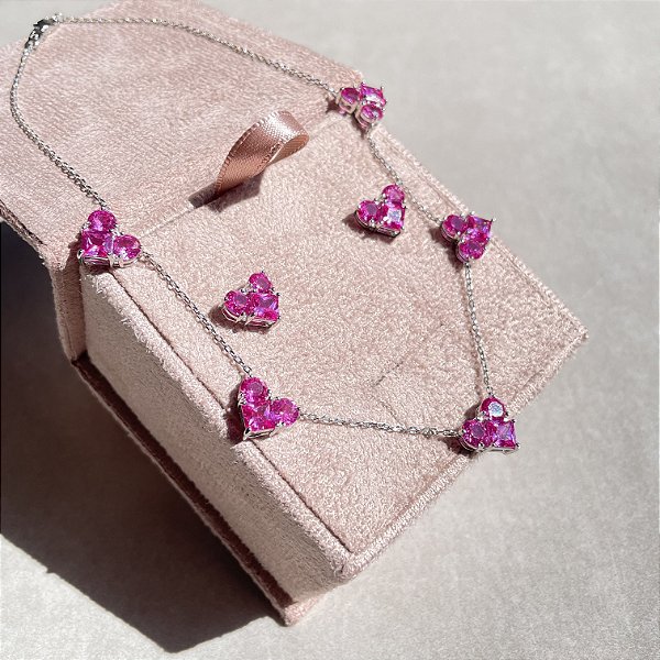 Conjunto Corações Safira Rosa Banhado a Ródio Branco