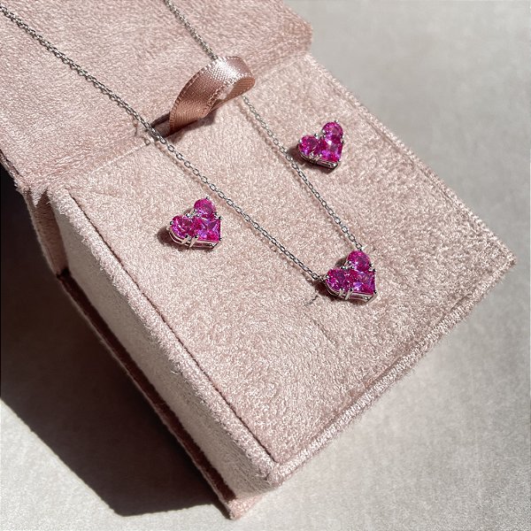 Conjunto Coração Safira Rosa Banhado Ródio Branco