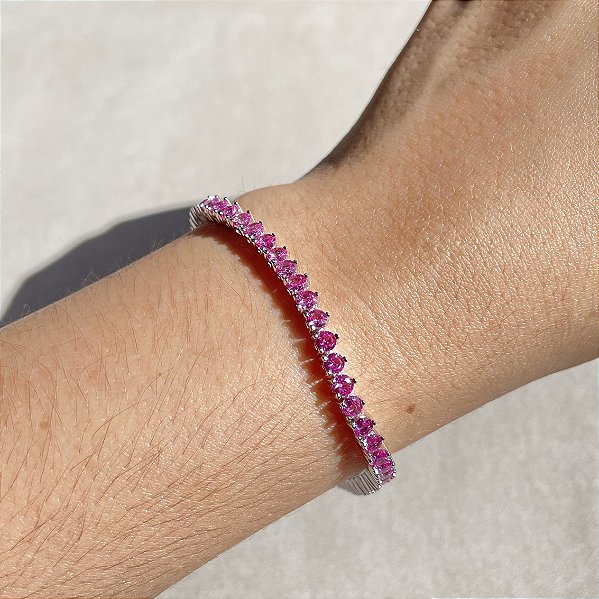 Pulseira Riviera 3 Garras Safira Rosa Banhado a Ródio Branco - 3mm