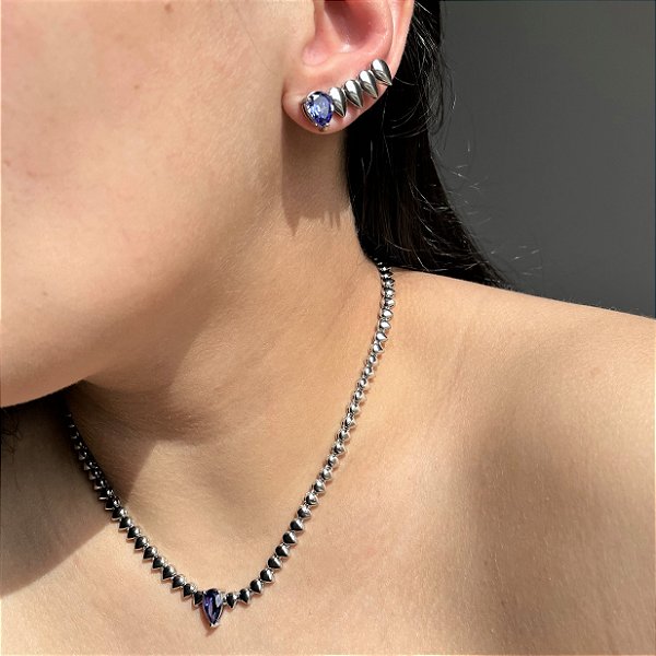 Conjunto Luxo Gotas Tanzanita Banhado a Ródio Branco