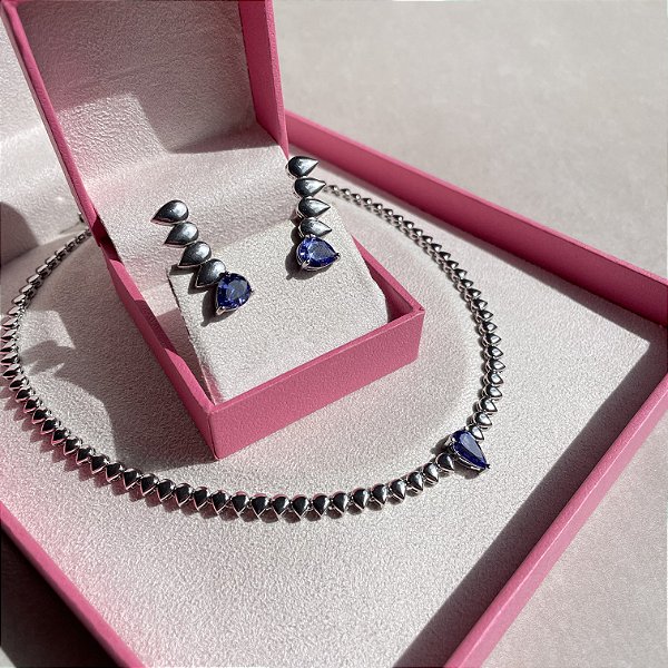 Conjunto Luxo Gotas Tanzanita Banhado a Ródio Branco