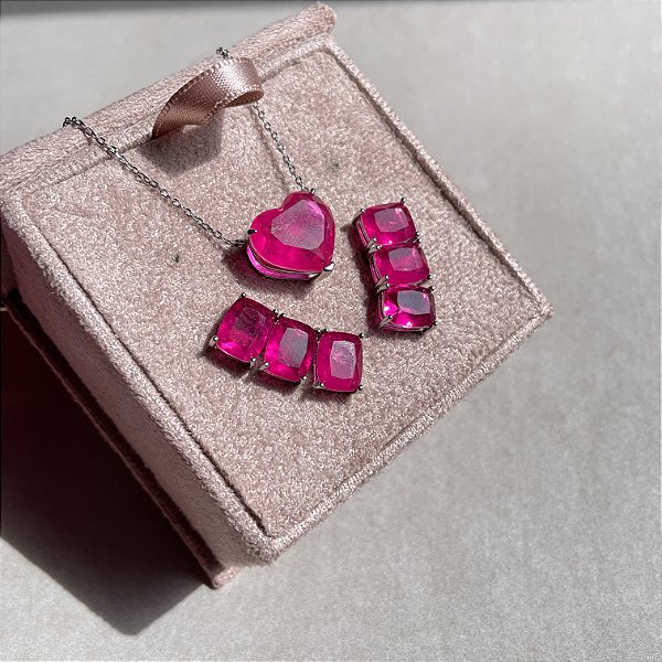 Conjunto Luxo Turmalina Rosa Fusion Banhado a Ródio Branco
