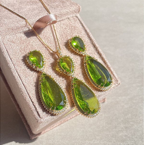 Conjunto Gota Peridoto Banhado a Ouro