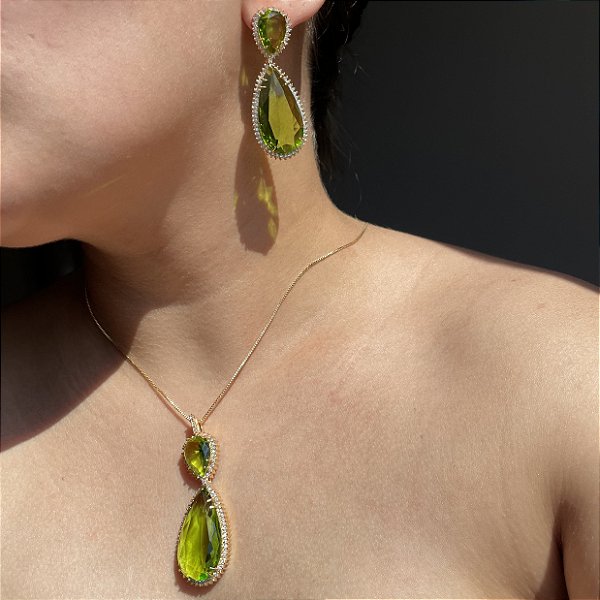 Conjunto Gota Peridoto Banhado a Ouro