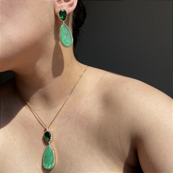 Conjunto Gota Esmeralda e Verde Limão Fusion Banhado a Ouro