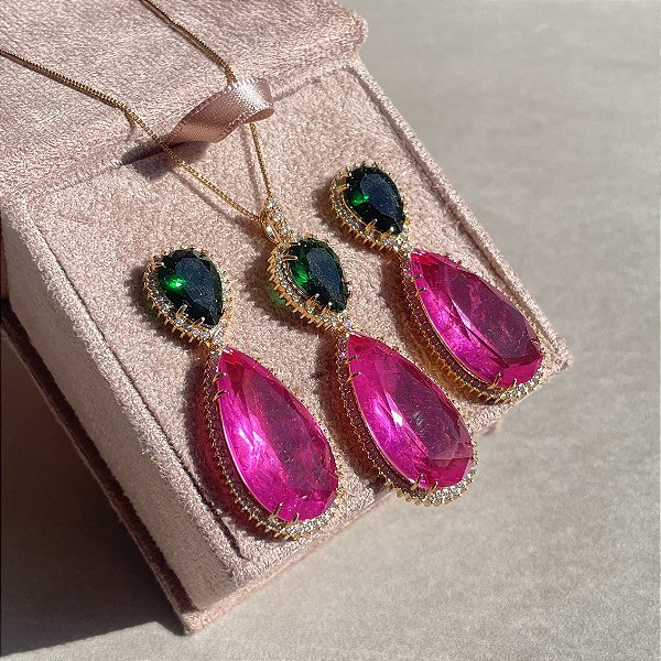 Conjunto Gota Bicolor Esmeralda e Pink Fusion Banhado a Ouro