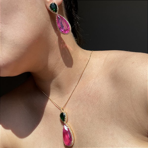Conjunto Gota Bicolor Esmeralda e Pink Fusion Banhado a Ouro