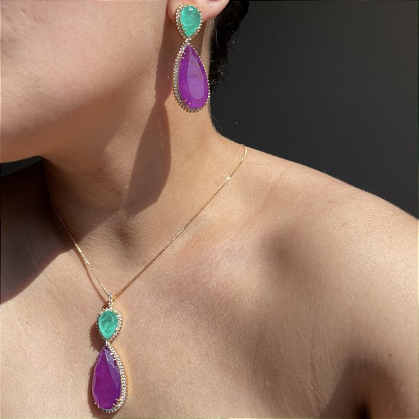 Conjunto Gota Bicolor Turmalina e Ultraviolet Fusion Banhado a Ouro