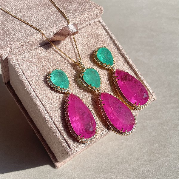 Conjunto Gota Bicolor Turmalina e Pink Fusion Banhado a Ouro