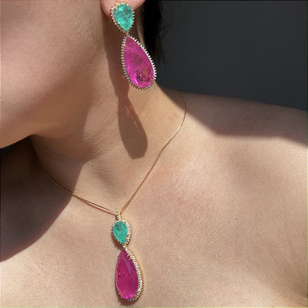 Conjunto Gota Bicolor Turmalina e Pink Fusion Banhado a Ouro