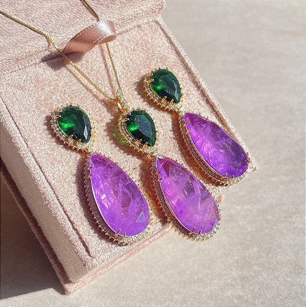 Conjunto Gota Bicolor Esmeralda e Ultraviolet Fusion Banhado a Ouro
