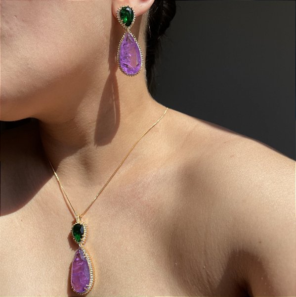 Conjunto Gota Bicolor Esmeralda e Ultraviolet Fusion Banhado a Ouro