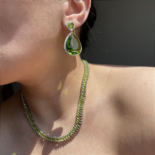 Conjunto Luxo Riviera Peridoto Banhado a Ródio Branco