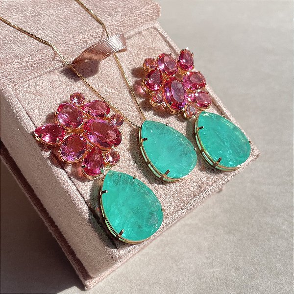 Conjunto Luxo Bicolor Safira Rosa/Turmalina Fusion Banhado a Ouro