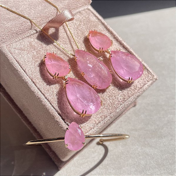 Conjunto Gota Com Bracelete Light Pink Fusion Banhado a Ouro