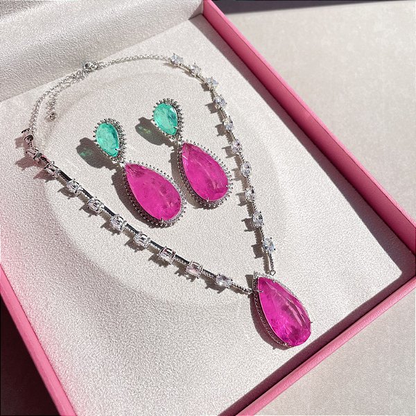 Conjunto Luxo Gota Bicolor Turmalina e Pink Fusion Banhado a Ródio Branco
