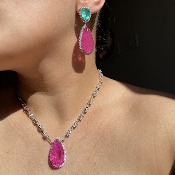 Conjunto Luxo Gota Bicolor Turmalina e Pink Fusion Banhado a Ródio Branco