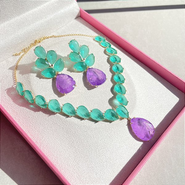 Conjunto Luxo Flor Bicolor Turmalina Leitosa e Ultraviolet Fusion Banhado a Ouro