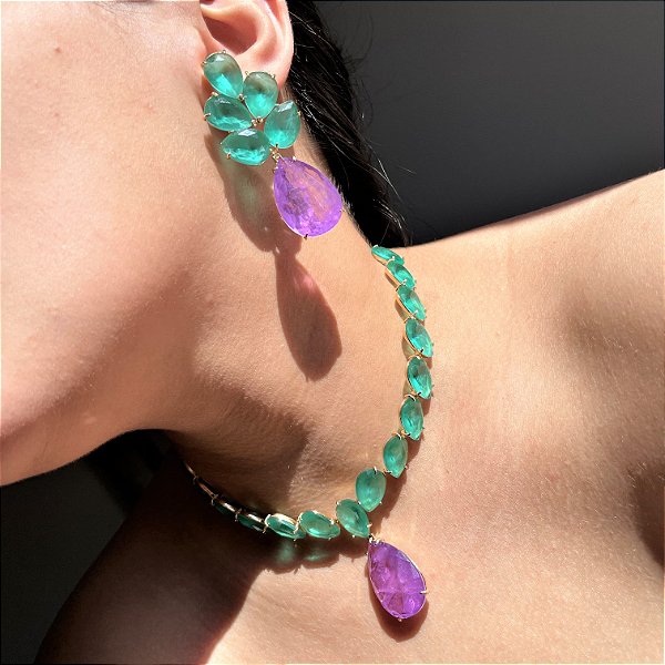 Conjunto Luxo Flor Bicolor Turmalina Leitosa e Ultraviolet Fusion Banhado a Ouro