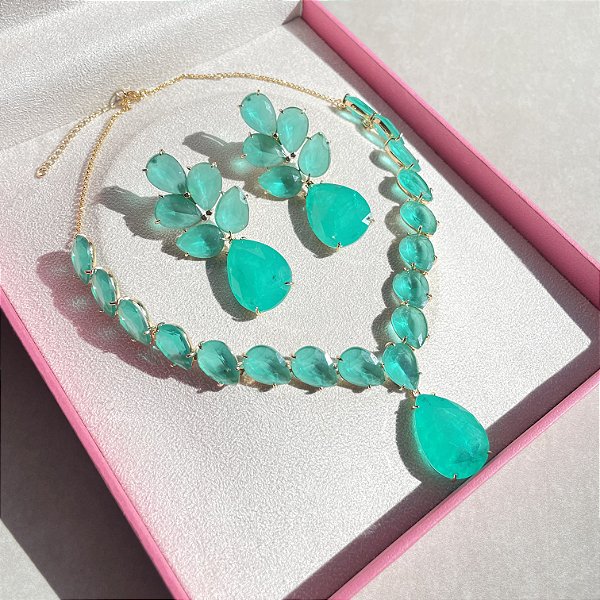 Conjunto Luxo Flor Turmalina Leitosa e Fusion Banhado a Ouro