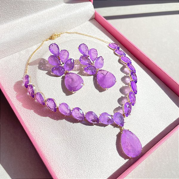 Conjunto Luxo Flor Ultraviolet Fusion Banhado a Ouro