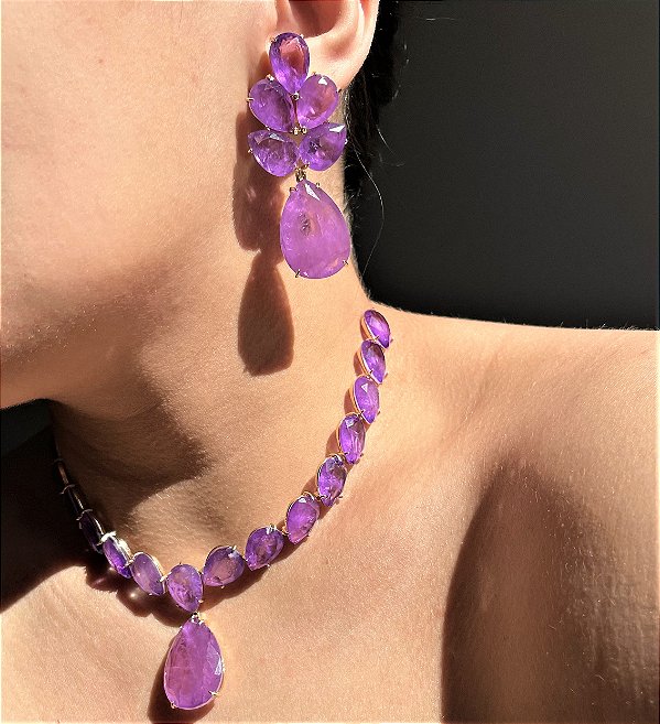 Conjunto Luxo Flor Ultraviolet Fusion Banhado a Ouro