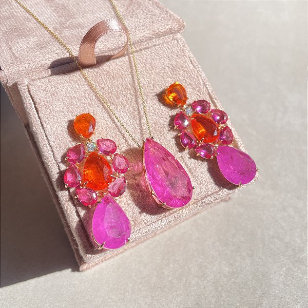 Conjunto Gota Bicolor Laranja e Pink Fusion Banhado a Ouro
