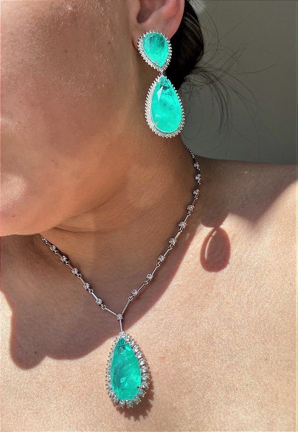 Conjunto Luxo Gota Turmalina Fusion Banhado a Ródio Branco
