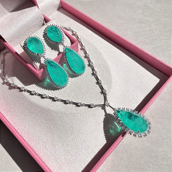 Conjunto Luxo Gota Turmalina Fusion Banhado a Ródio Branco