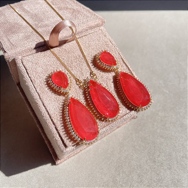 Conjunto Gota Tangerina Fusion Borda Cravejada Banhado a Ouro