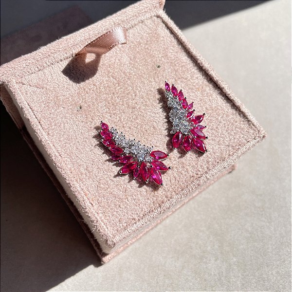 Brinco Luxo Ear Cuff Safira Rosa Banhado a Ródio Branco