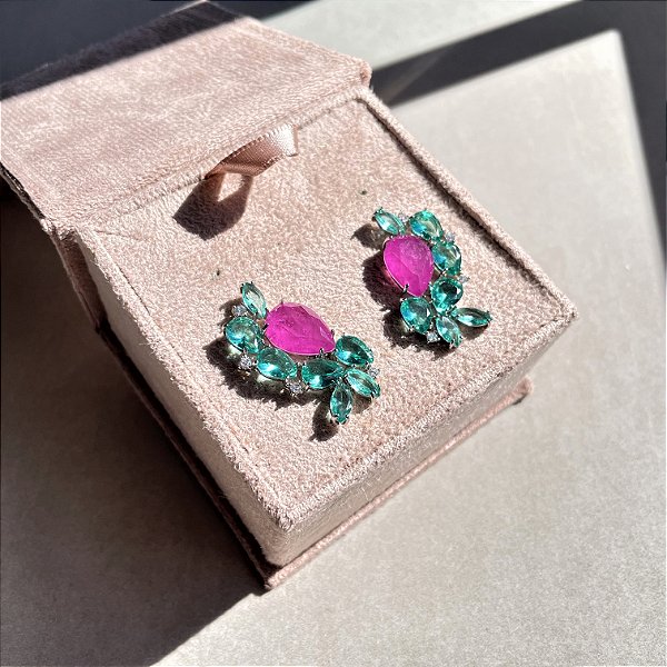 Brinco Ear Cuff Gota Turmalina e Pink Fusion Banhado a Ródio Branco