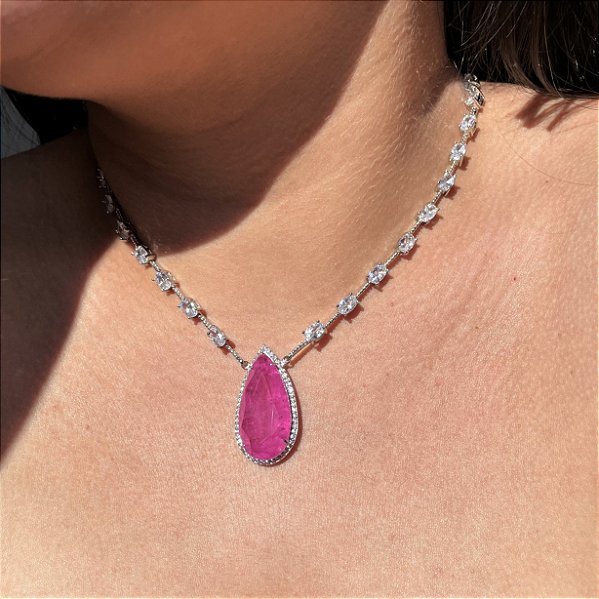 Colar Riviera Maleável Gota Pink Fusion Banhado a Ródio Branco