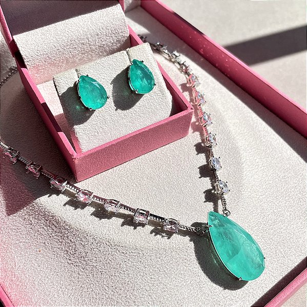 Conjunto Riviera Maleável Gota Turmalina Fusion Banhado a Ródio Branco