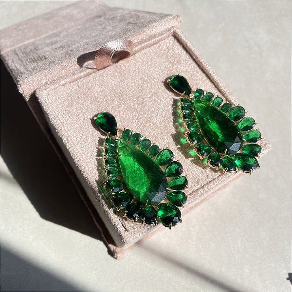 Brinco Gota Luxo Esmeralda e Verde Oliva Banhado a Ouro