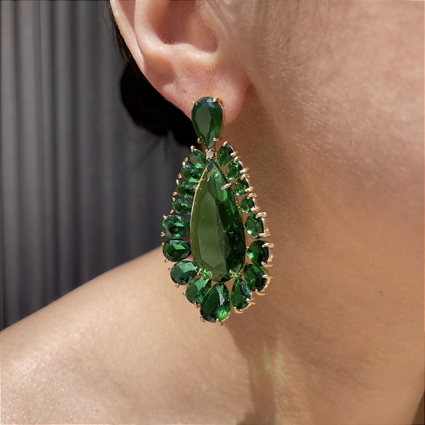 Brinco Gota Luxo Esmeralda e Verde Oliva Banhado a Ouro